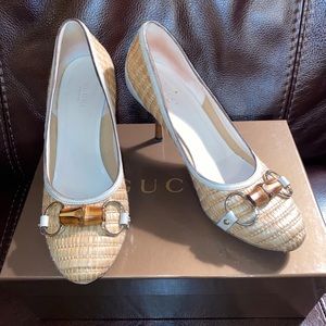 Gucci Size 7 Horsebit Bamboo Leather Straw Heel